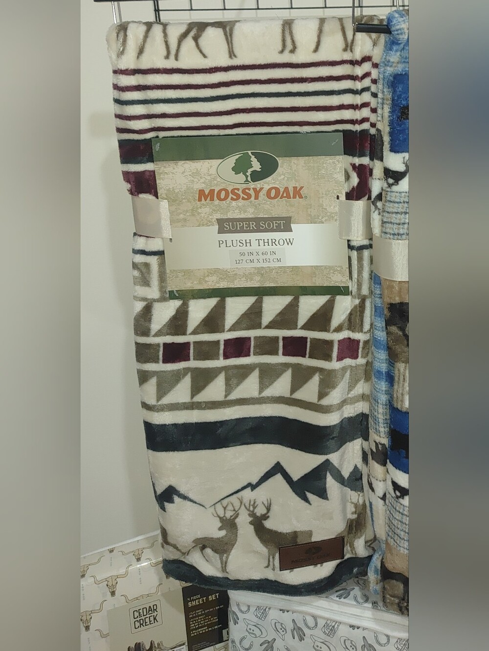 Mossy Oak Super Soft Plush Blanket - Tan, Green, Burgundy Mountain Deer Aztec